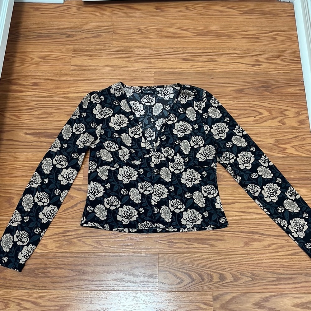 Dressy Floral Blouse, Black & Cream Rose Pattern with Fabric Buttons, V-neck top